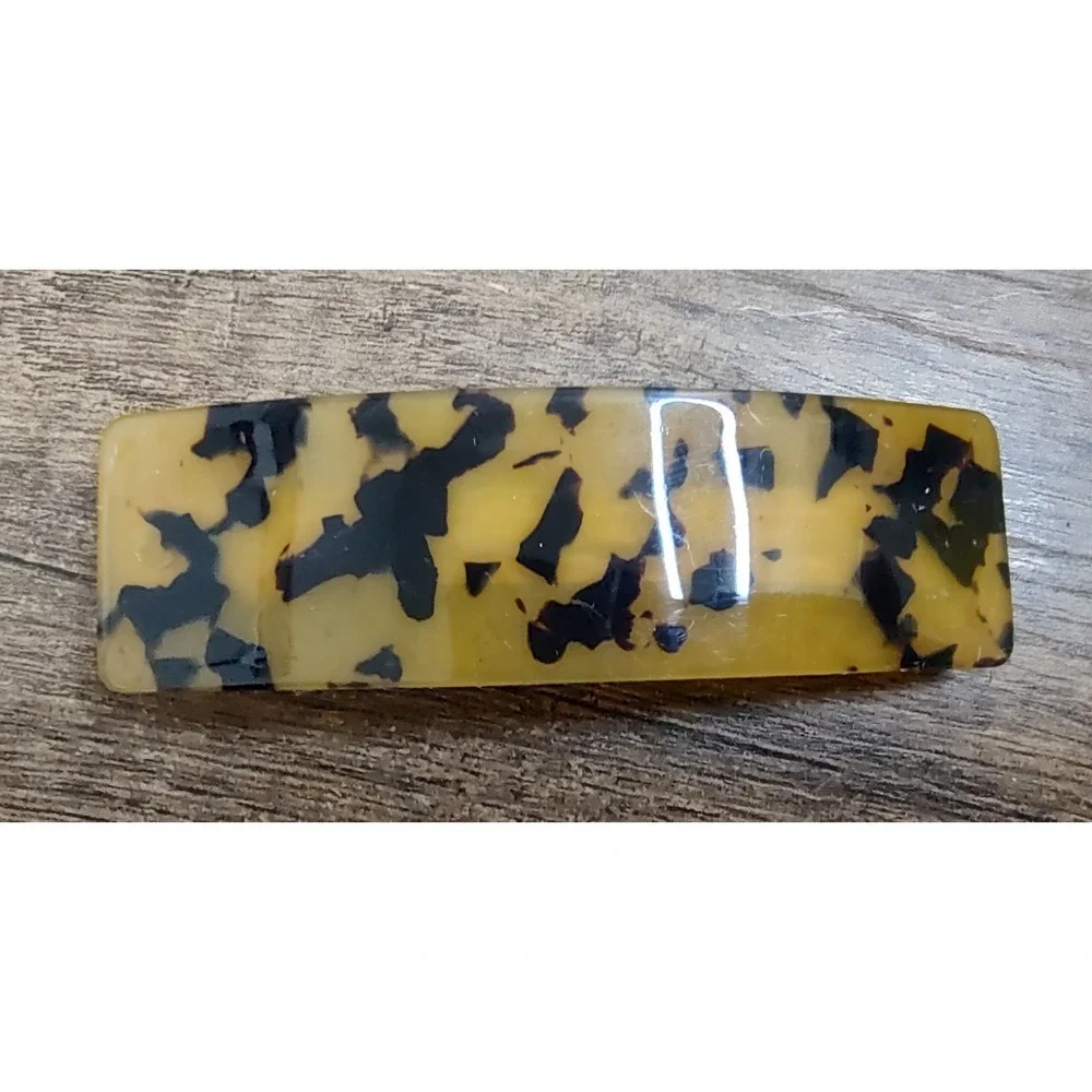 Barrette Hair Clip Rectangle Amber Black Confetti Design Vintage Z32